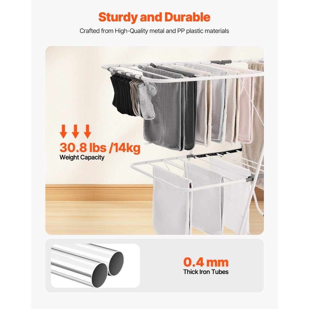 VEVOR 2-Tier Foldable Clothes Drying Rack with Sock Clips & 31 Drying Rods White