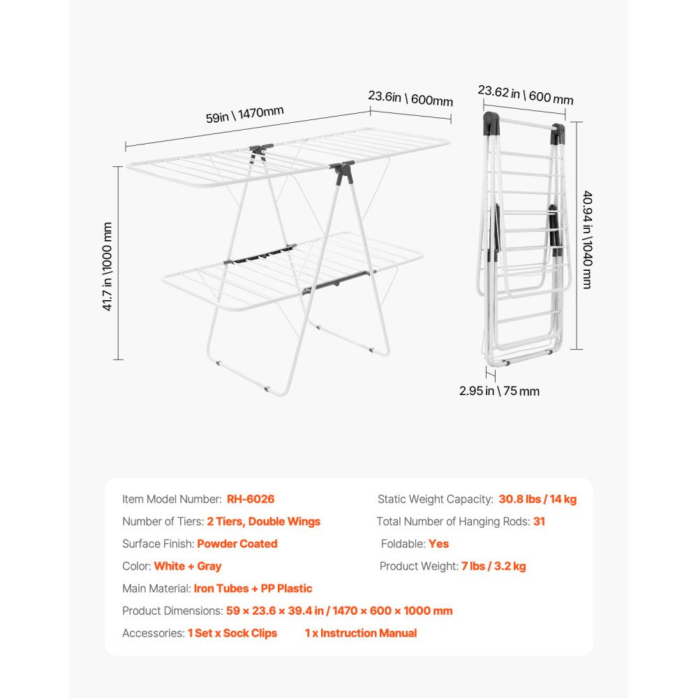 VEVOR 2-Tier Foldable Clothes Drying Rack with Sock Clips & 31 Drying Rods White