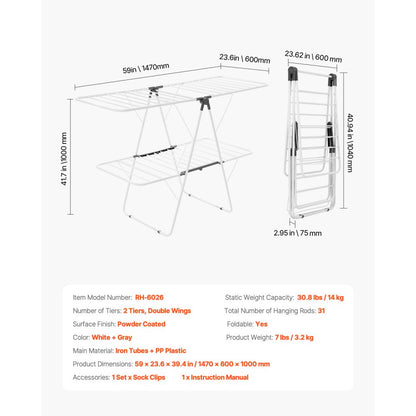 VEVOR 2-Tier Foldable Clothes Drying Rack with Sock Clips & 31 Drying Rods White