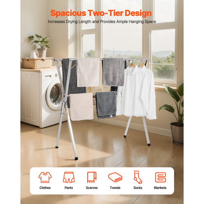 VEVOR 2-Tier Telescopic Clothes Drying Rack w/ 30 Windproof Holes & 2 Shoe Hooks