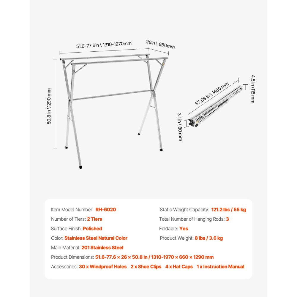 VEVOR 2-Tier Telescopic Clothes Drying Rack w/ 30 Windproof Holes & 2 Shoe Hooks