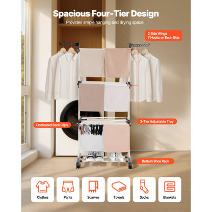 VEVOR 4-Tier Foldable Clothes Drying Rack with 24 Drying Poles and 4 Castors