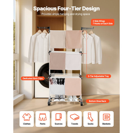 VEVOR 4-Tier Foldable Clothes Drying Rack with 24 Drying Poles and 4 Castors