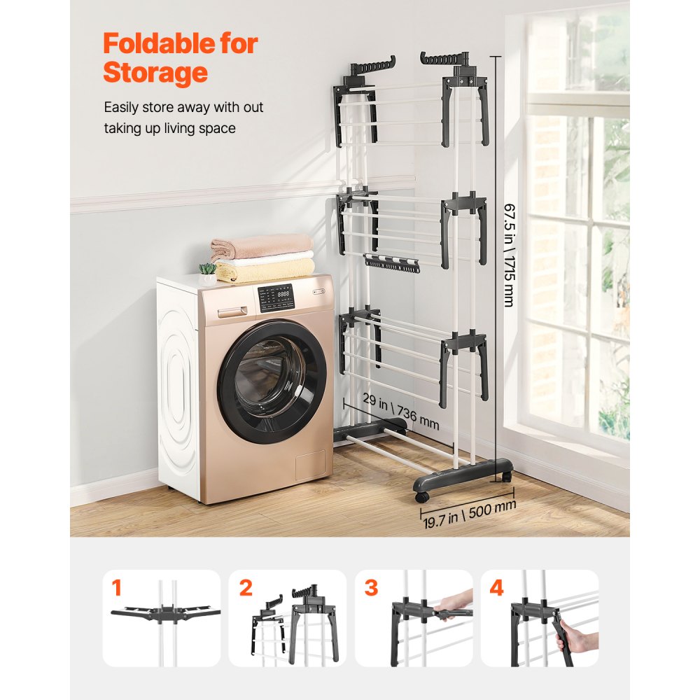 VEVOR 4-Tier Foldable Clothes Drying Rack with 24 Drying Poles and 4 Castors