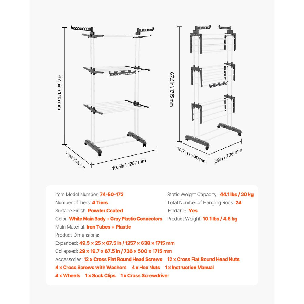 VEVOR 4-Tier Foldable Clothes Drying Rack with 24 Drying Poles and 4 Castors
