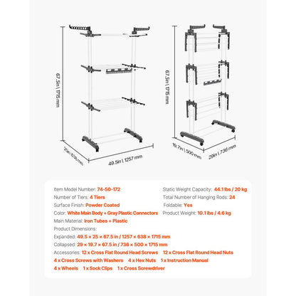 VEVOR 4-Tier Foldable Clothes Drying Rack with 24 Drying Poles and 4 Castors