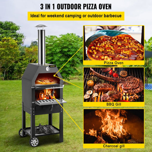 Outdoor Wood-Fired Pizza Oven, 30cm, 2-Layer with Wheels, Max Temp 500°C, Black