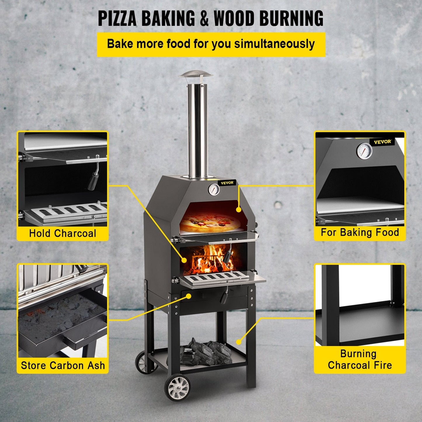 Outdoor Wood-Fired Pizza Oven, 30cm, 2-Layer with Wheels, Max Temp 500°C, Black