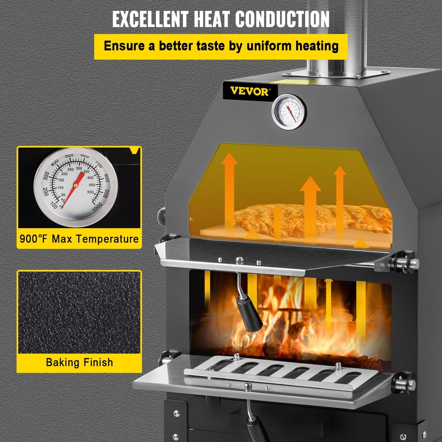 Outdoor Wood-Fired Pizza Oven, 30cm, 2-Layer with Wheels, Max Temp 500°C, Black