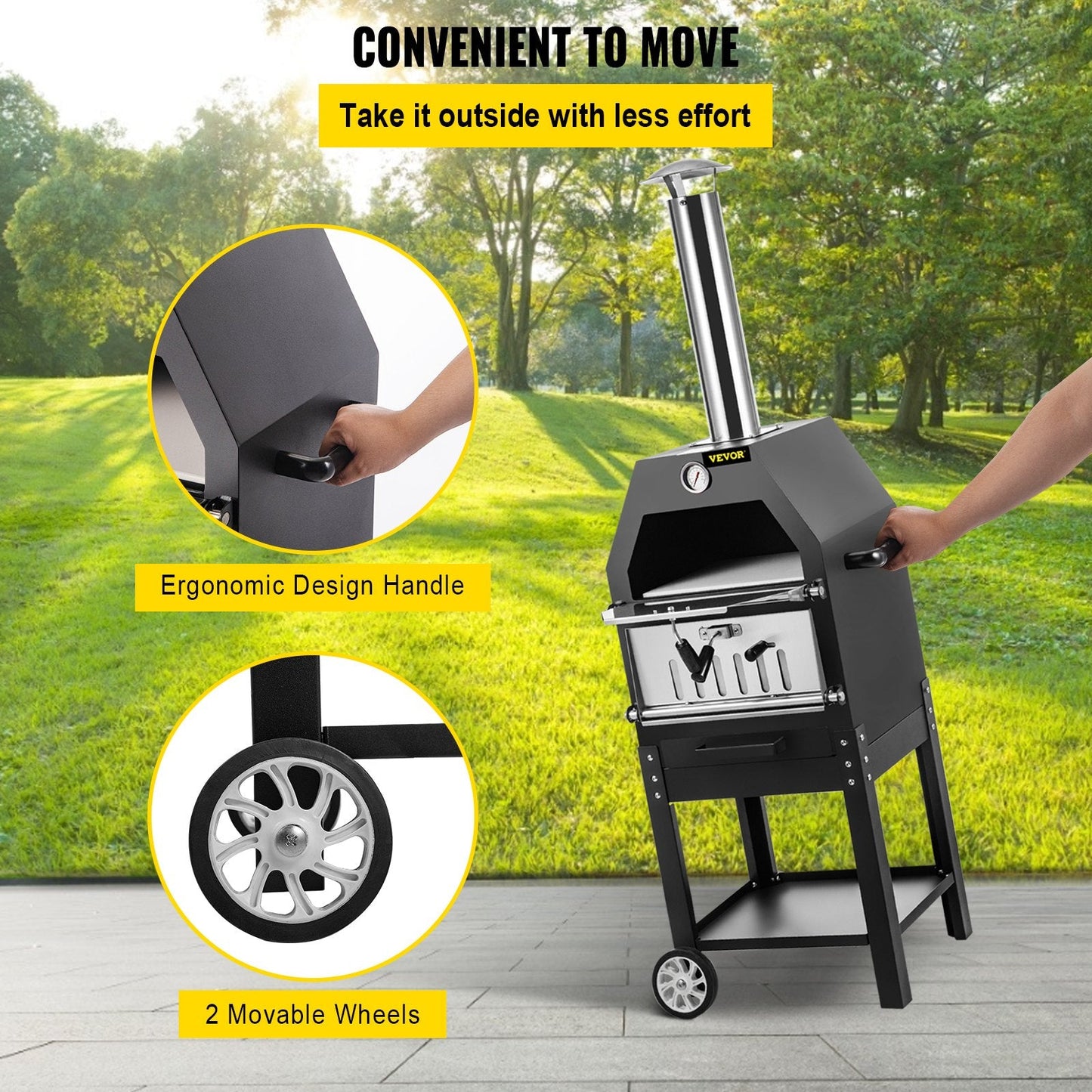 Outdoor Wood-Fired Pizza Oven, 30cm, 2-Layer with Wheels, Max Temp 500°C, Black