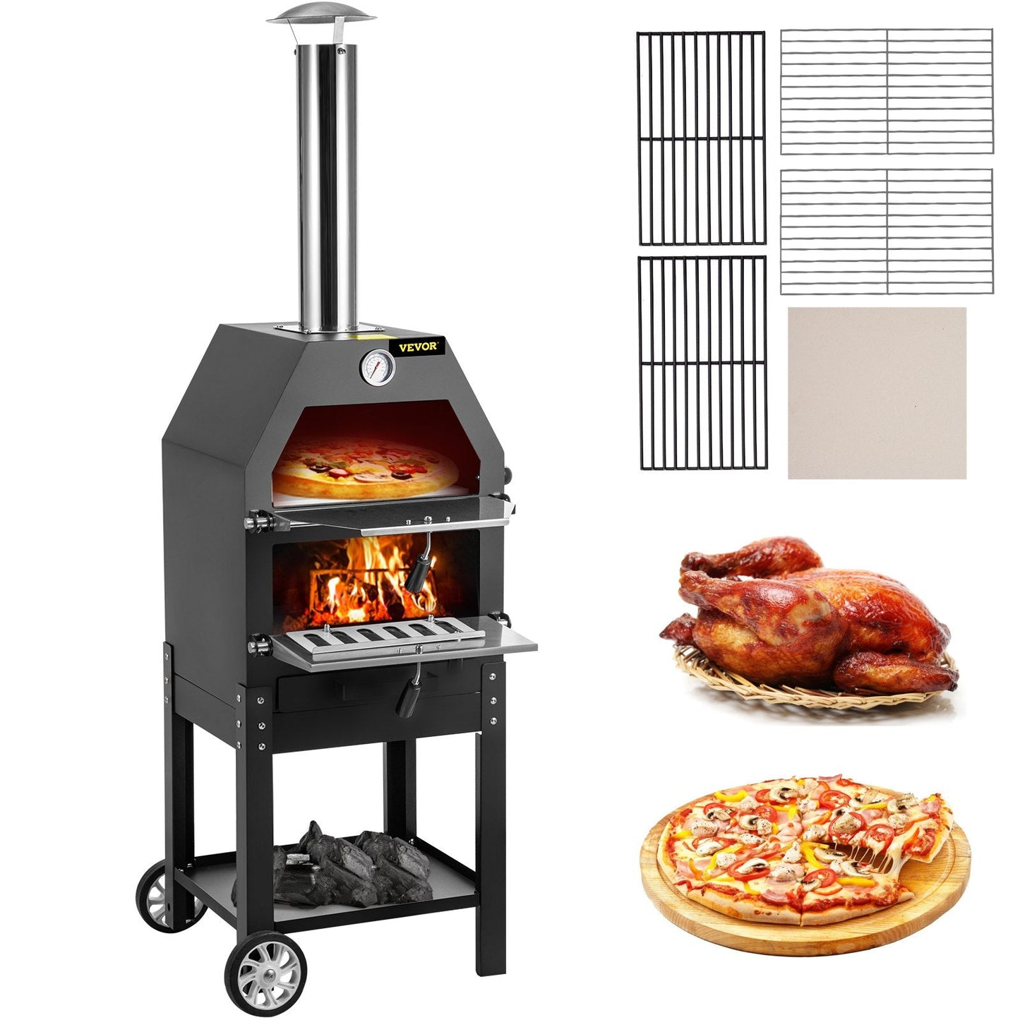 Outdoor Wood-Fired Pizza Oven, 30cm, 2-Layer with Wheels, Max Temp 500°C, Black