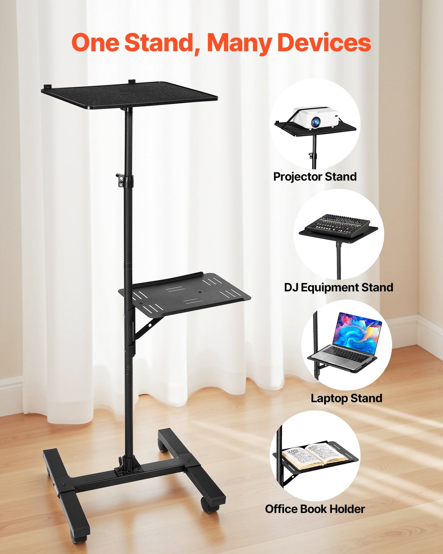 Projector Stand, 2 Shelves Laptop Floor Stand, Projector Stands Table with Adjustable Height 860 to 1360mm, I-Beam Frame Projectors Stands Tripod for Meetings, Outdoor Movies, Video Stand