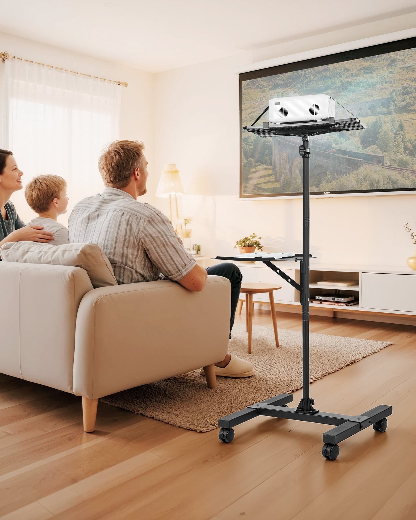 Projector Stand, 2 Shelves Laptop Floor Stand, Projector Stands Table with Adjustable Height 860 to 1360mm, I-Beam Frame Projectors Stands Tripod for Meetings, Outdoor Movies, Video Stand