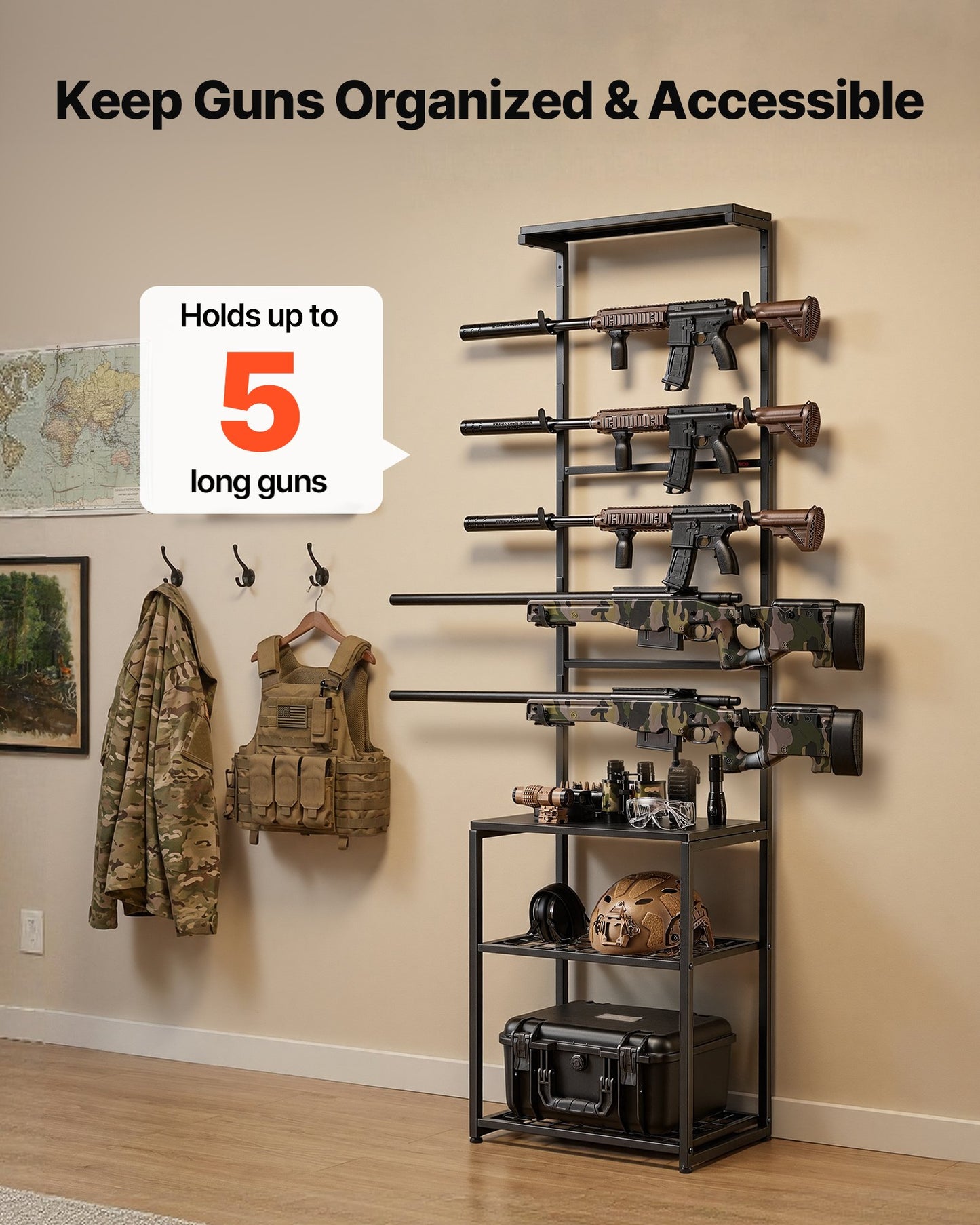 Gun Rack, Floor Standing, Indoor Rifle Shotgun Rack Stand with Storage Shelf, for Wall Mount Gun Display Stand, Holds up to 5 Rifles, Heavy Duty Steel, for Home Garage Hunting Long Guns Storage