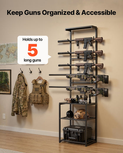 Gun Rack, Floor Standing, Indoor Rifle Shotgun Rack Stand with Storage Shelf, for Wall Mount Gun Display Stand, Holds up to 5 Rifles, Heavy Duty Steel, for Home Garage Hunting Long Guns Storage