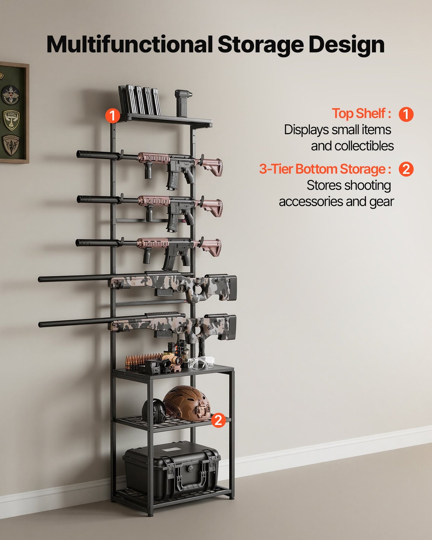 Gun Rack, Floor Standing, Indoor Rifle Shotgun Rack Stand with Storage Shelf, for Wall Mount Gun Display Stand, Holds up to 5 Rifles, Heavy Duty Steel, for Home Garage Hunting Long Guns Storage
