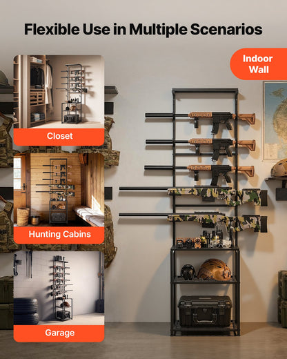 Gun Rack, Floor Standing, Indoor Rifle Shotgun Rack Stand with Storage Shelf, for Wall Mount Gun Display Stand, Holds up to 5 Rifles, Heavy Duty Steel, for Home Garage Hunting Long Guns Storage