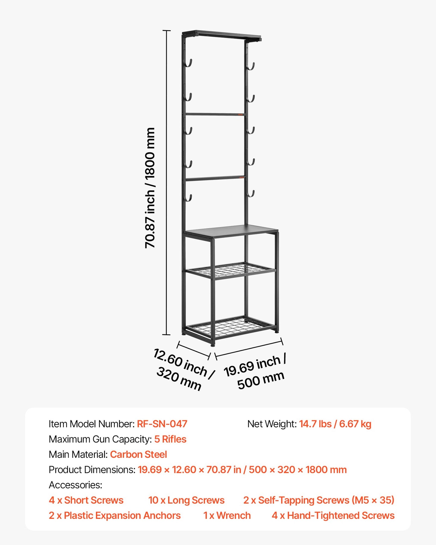 Gun Rack, Floor Standing, Indoor Rifle Shotgun Rack Stand with Storage Shelf, for Wall Mount Gun Display Stand, Holds up to 5 Rifles, Heavy Duty Steel, for Home Garage Hunting Long Guns Storage