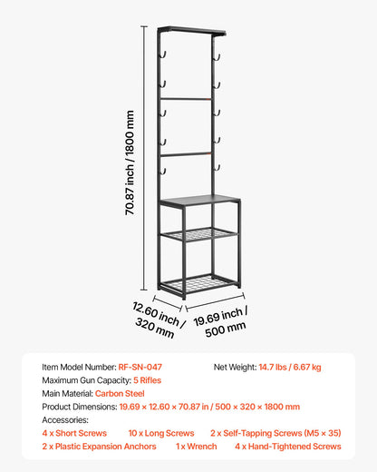 Gun Rack, Floor Standing, Indoor Rifle Shotgun Rack Stand with Storage Shelf, for Wall Mount Gun Display Stand, Holds up to 5 Rifles, Heavy Duty Steel, for Home Garage Hunting Long Guns Storage