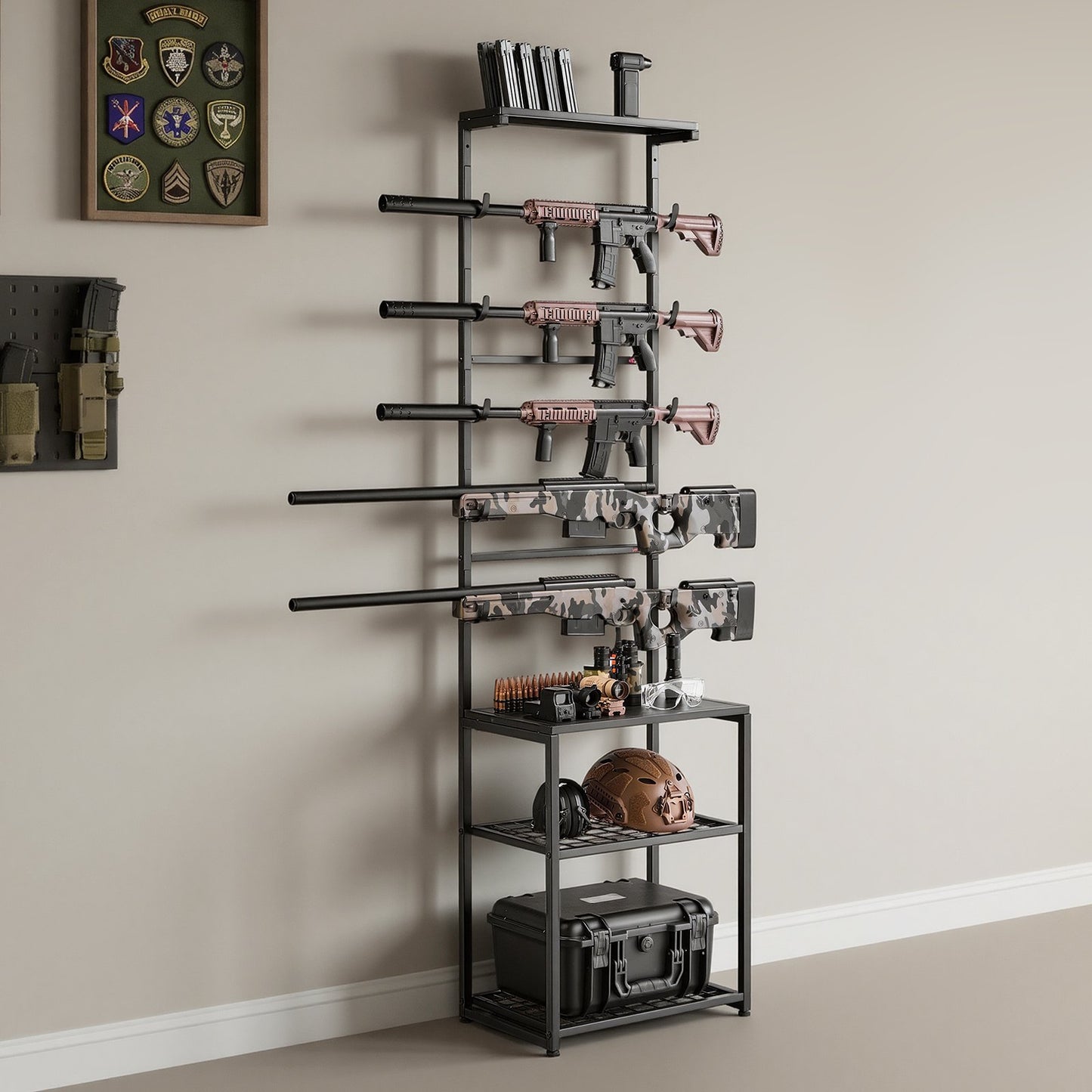 Gun Rack, Floor Standing, Indoor Rifle Shotgun Rack Stand with Storage Shelf, for Wall Mount Gun Display Stand, Holds up to 5 Rifles, Heavy Duty Steel, for Home Garage Hunting Long Guns Storage