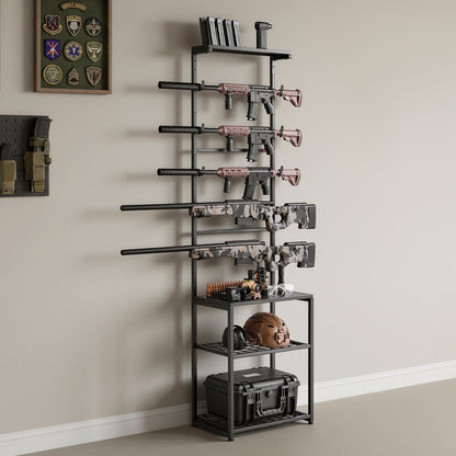 Gun Rack, Floor Standing, Indoor Rifle Shotgun Rack Stand with Storage Shelf, for Wall Mount Gun Display Stand, Holds up to 5 Rifles, Heavy Duty Steel, for Home Garage Hunting Long Guns Storage
