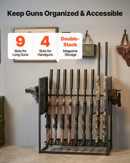 Gun Rack, Floor Standing, Indoor Heavy Duty Steel Rifle Shotgun Rack Stand, Freestanding Gun Display Storage with Magazine Holder, Holds up to 9 Rifles and 4 Pistols, for Home Garage Storage