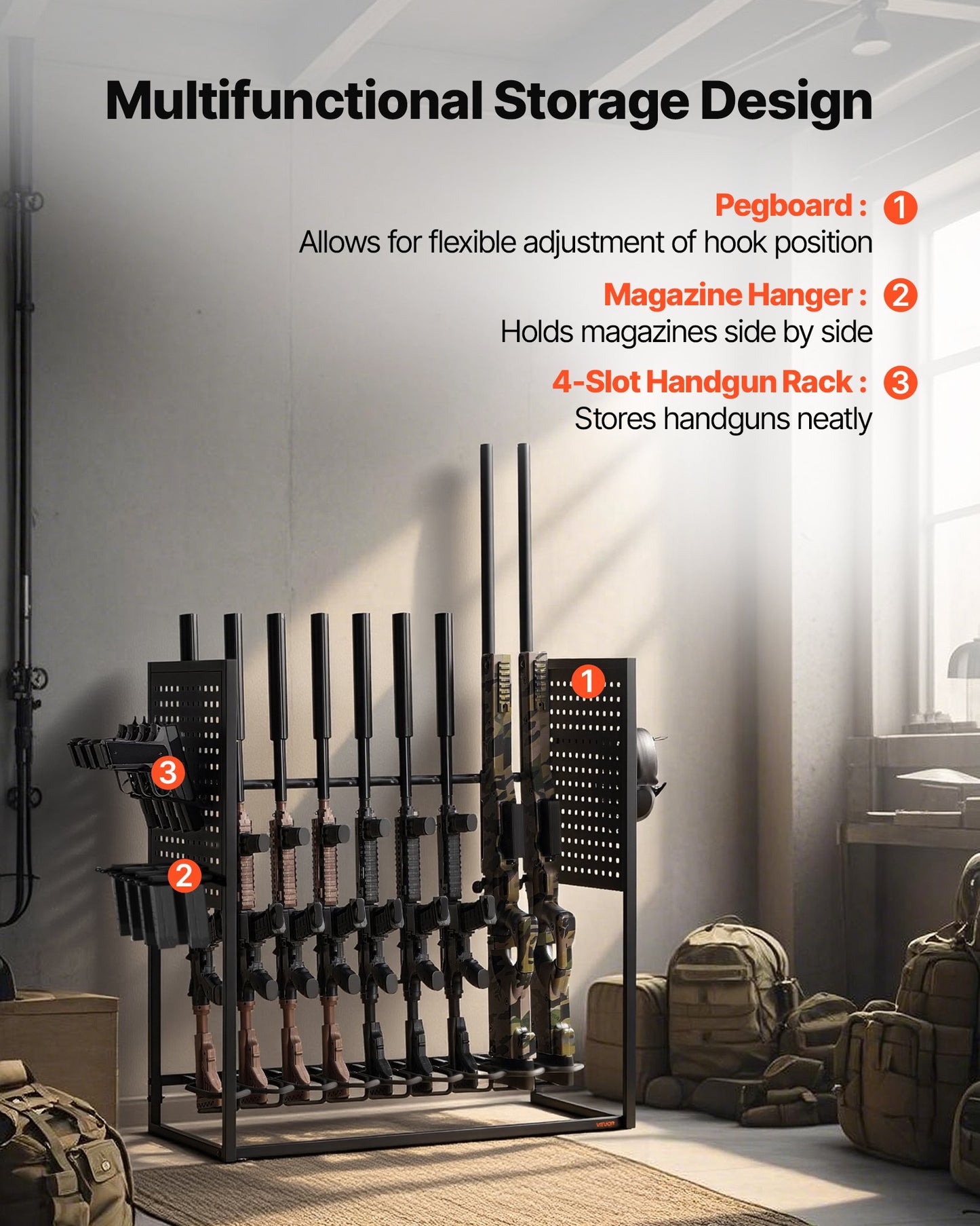 Gun Rack, Floor Standing, Indoor Heavy Duty Steel Rifle Shotgun Rack Stand, Freestanding Gun Display Storage with Magazine Holder, Holds up to 9 Rifles and 4 Pistols, for Home Garage Storage
