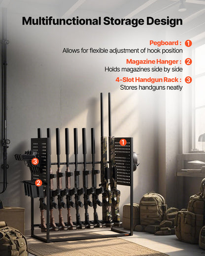 Gun Rack, Floor Standing, Indoor Heavy Duty Steel Rifle Shotgun Rack Stand, Freestanding Gun Display Storage with Magazine Holder, Holds up to 9 Rifles and 4 Pistols, for Home Garage Storage