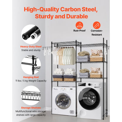 VEVOR Over Washer and Dryer Storage Shelf Two Row 5 Tiers Washer Rack Black