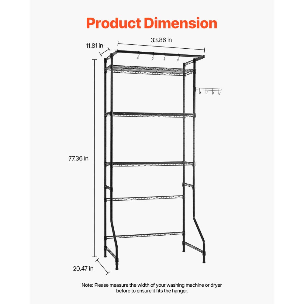 VEVOR Over Washer and Dryer Storage Shelf Single Row 3 Tiers Washer Rack Black