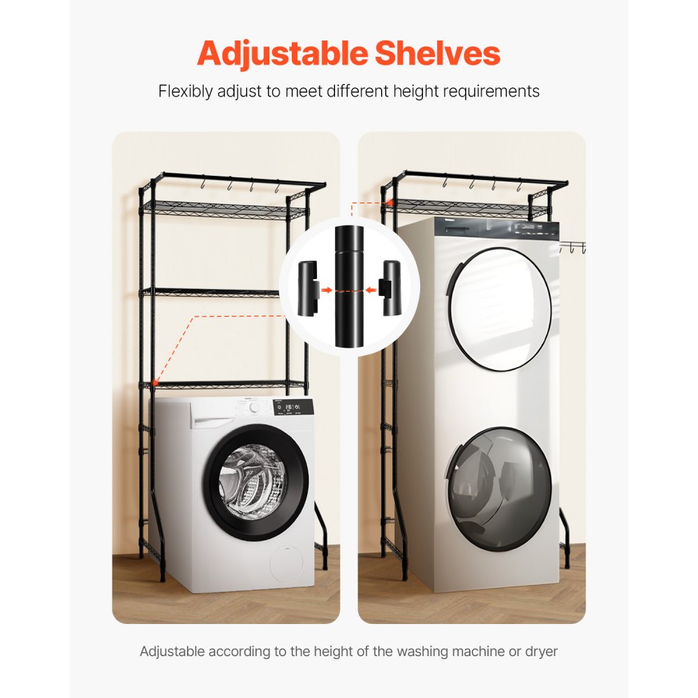 VEVOR Over Washer and Dryer Storage Shelf Single Row 3 Tiers Washer Rack Black