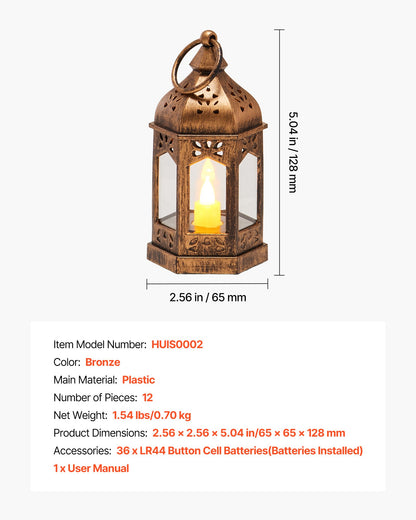 12 Pcs Decorative Candle Lantern, LED Electric Flameless Candle, Plastic LED Holder with Glass, Wall Hanging Indoor Porch Lanterns for Wedding Table Party Farmhouse Indoor Decor, Bronze