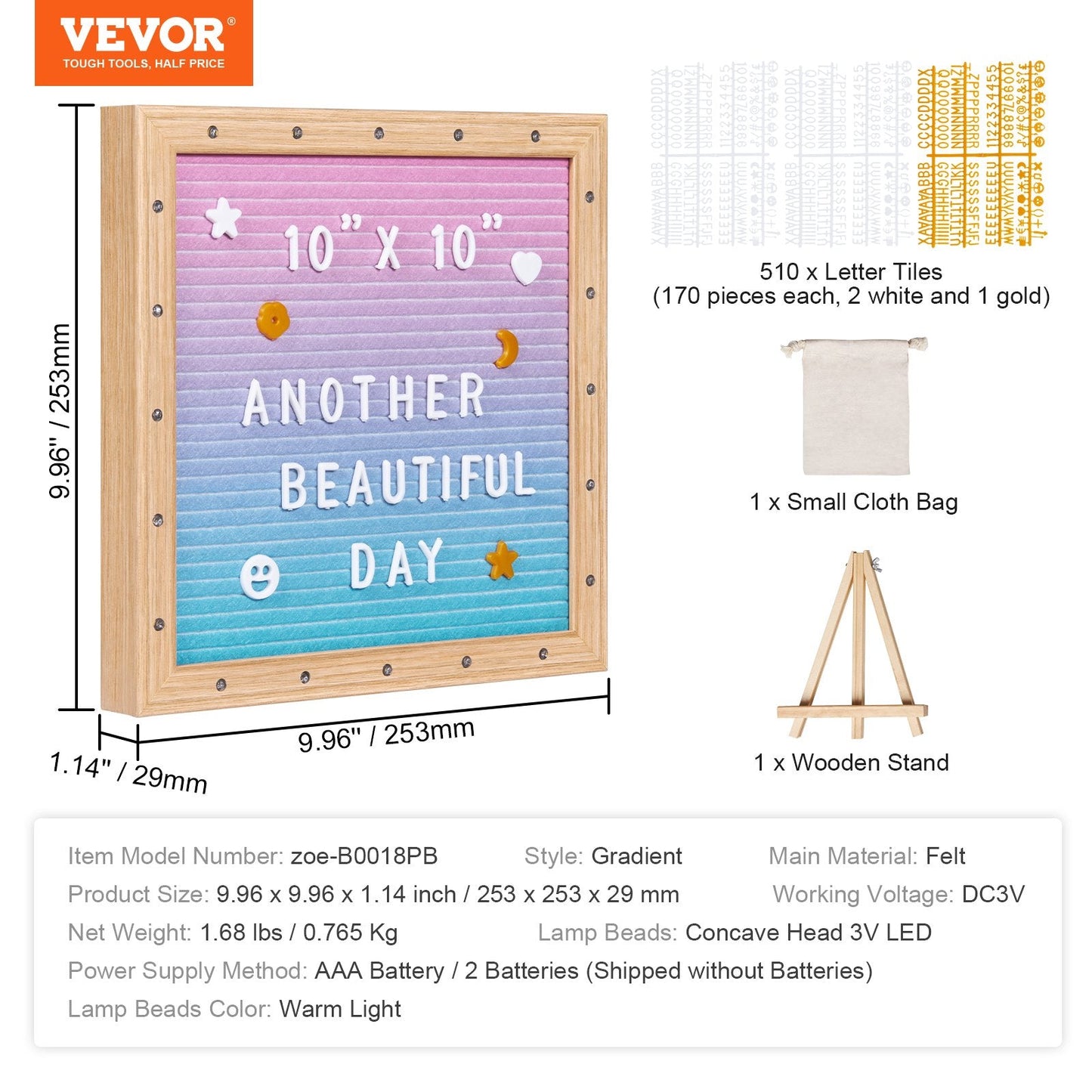 Gradient Felt Message Board with LED Lights, 0.25m, 510 Letters, Easel Stand