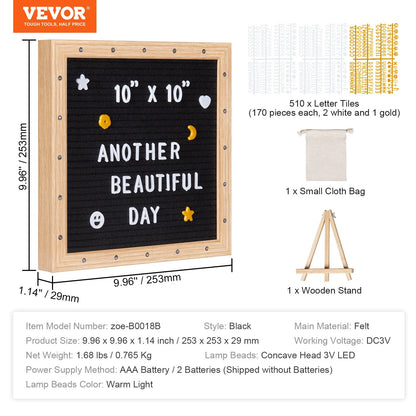 Black Felt Message Board with LED, 253x253 mm, Includes 510 Letters & Stand