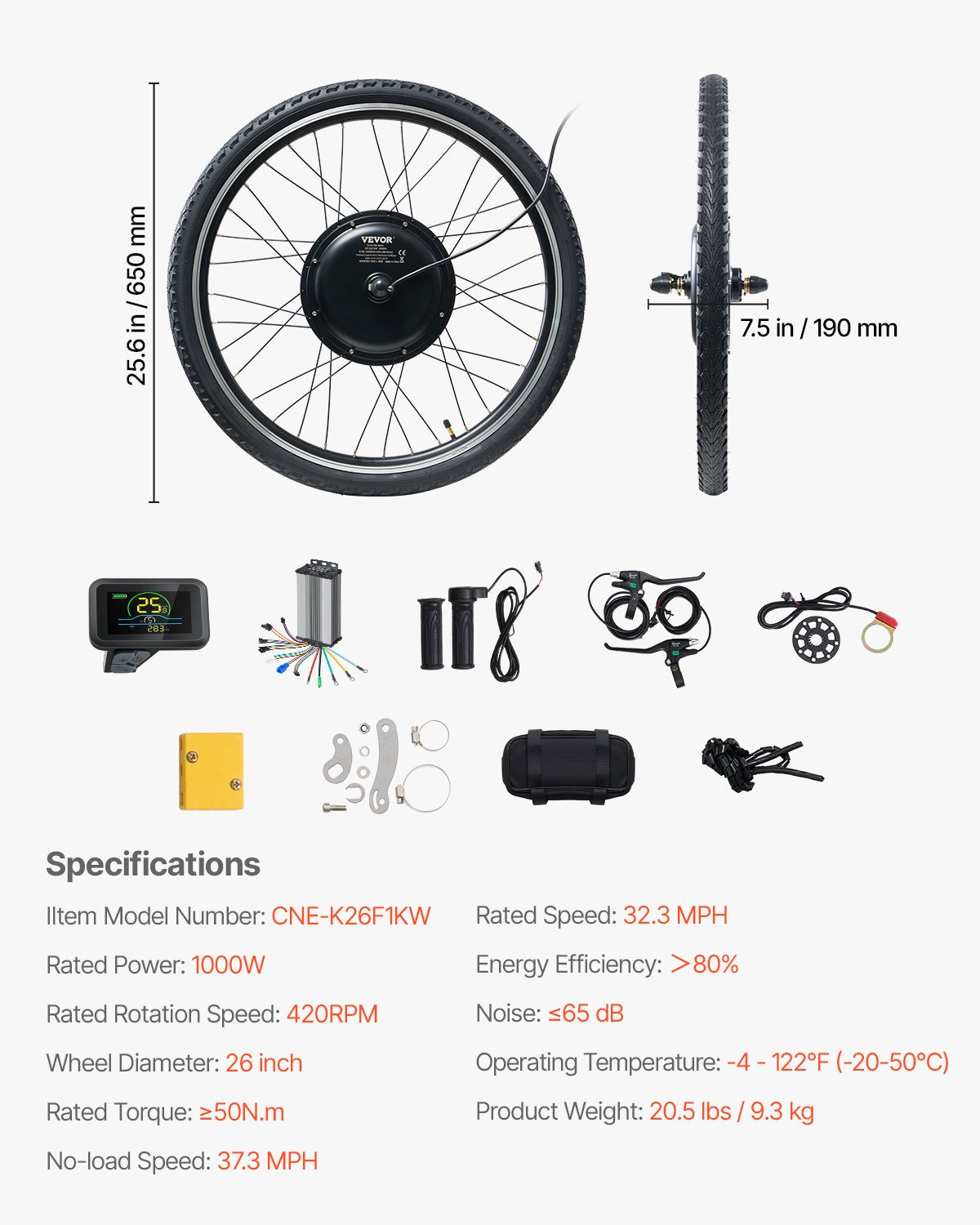 VEVOR 1000W Electric Bike Conversion Kit 48V 26" Front Wheel E-Bike Hub Motor