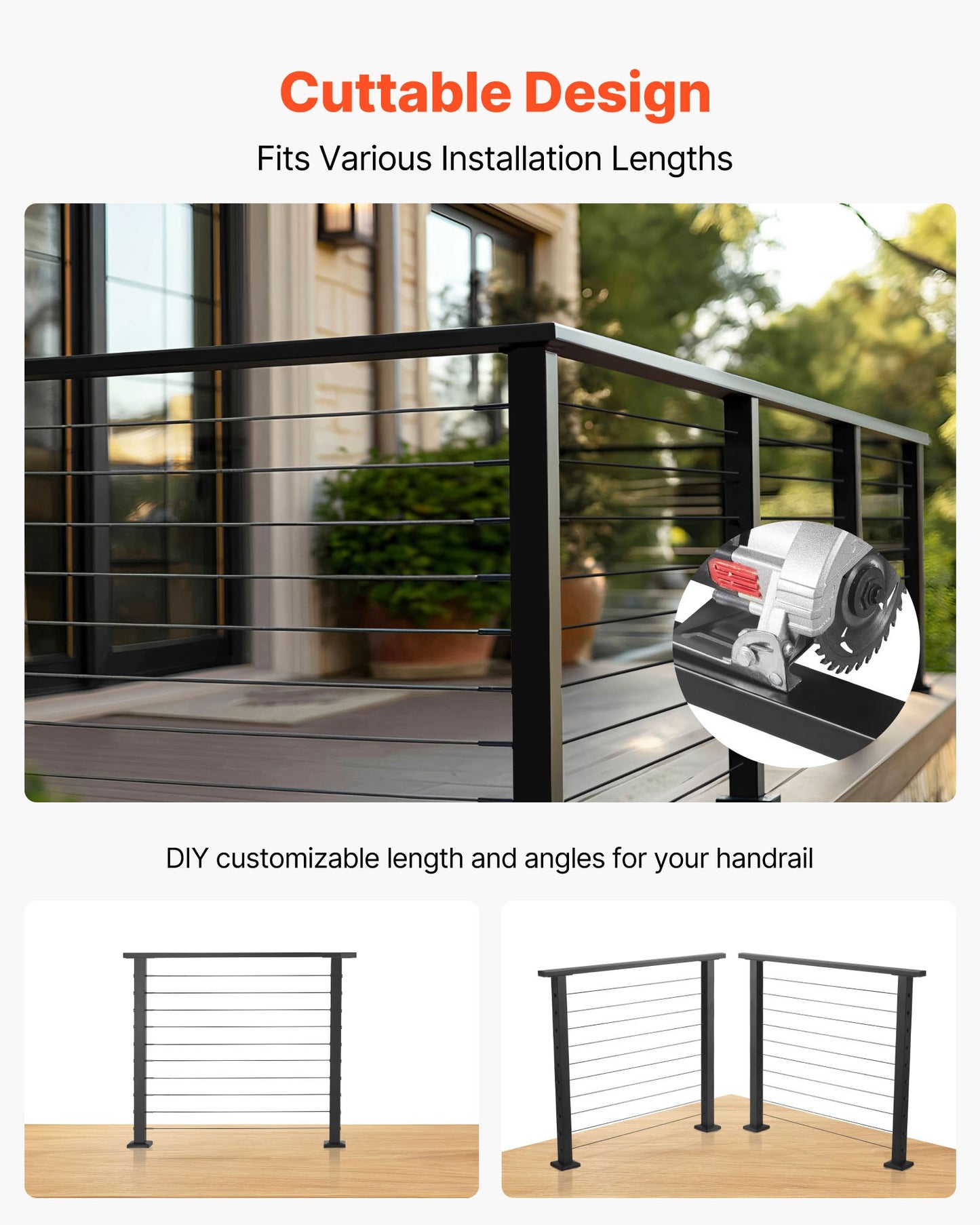 198 cm Stainless Steel Handrail, Rectangular Top Stair Deck Hand Rail for Outdoor/Indoor Steps with End Cap,Matte Black Coating Adjustable Metal Stair Rail for Cable Railing Kit