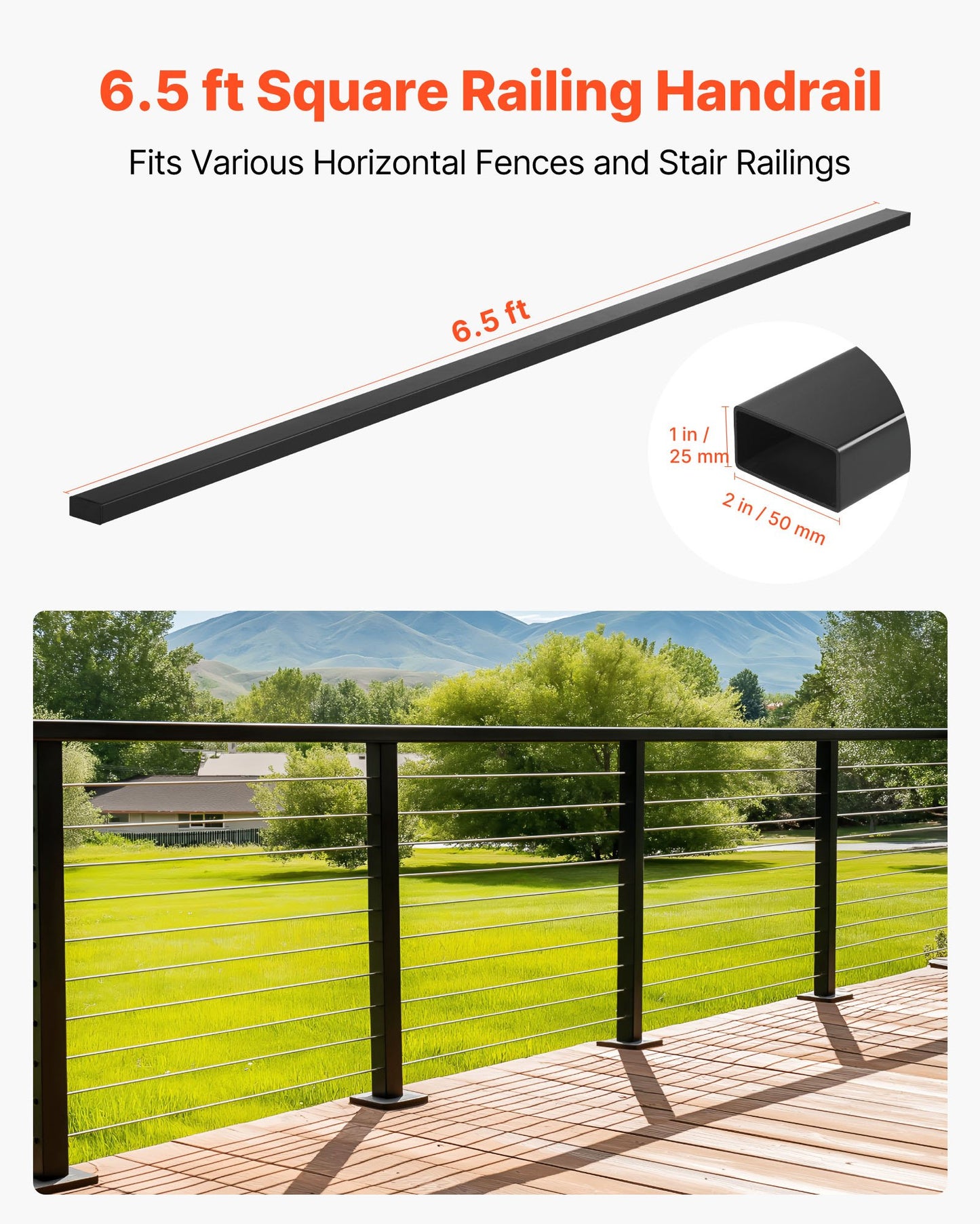 4 Pack 198 cm Stainless Steel Handrail, Rectangular Top Stair Deck Hand Rail for Outdoor/Indoor Steps with End Cap,Matte Black Coating Adjustable Metal Stair Rail for Cable Railing Kit