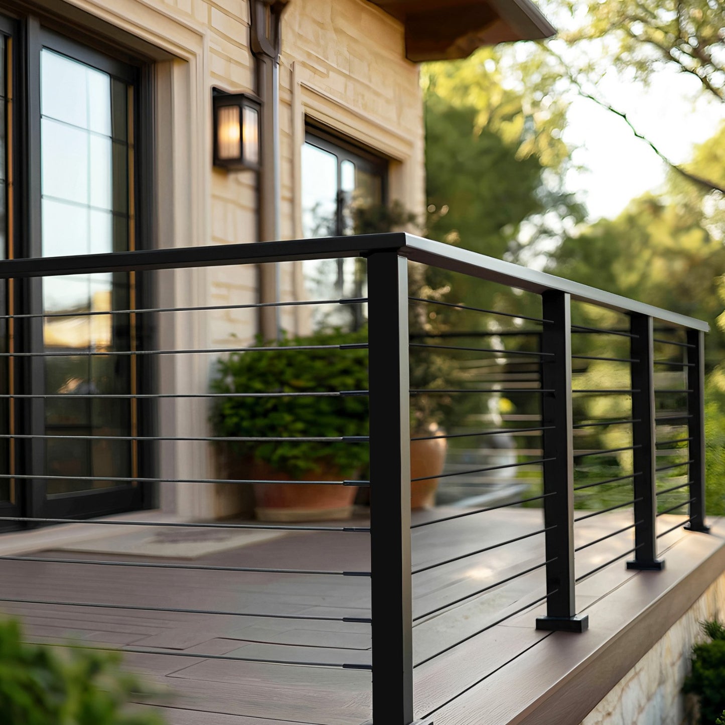 4 Pack 198 cm Stainless Steel Handrail, Rectangular Top Stair Deck Hand Rail for Outdoor/Indoor Steps with End Cap,Matte Black Coating Adjustable Metal Stair Rail for Cable Railing Kit