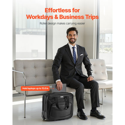 VEVOR Rolling Laptop Bag 39.62 cm Wheeled Computer Bag for Women & Men Black