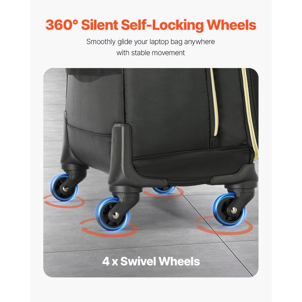 VEVOR Rolling Laptop Bag 43.94 cm Wheeled Computer Bag for Women Men Black Gold