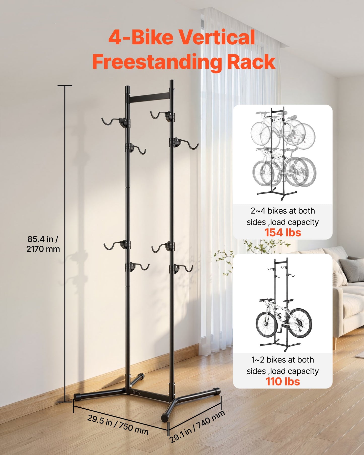 Bike Stand for 4 Bikes, Freestanding Vertical Bike Storage Rack, with Height-Adjustable Hooks, Heavy-Duty Carbon Steel Garage Bicycle Floor Stand, Ideal for Garage, Apartment, Home, Black