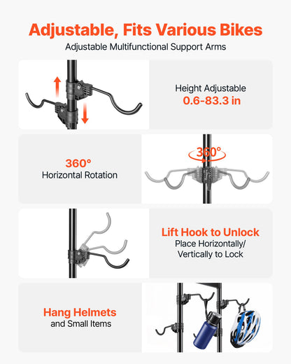 Bike Stand for 4 Bikes, Freestanding Vertical Bike Storage Rack, with Height-Adjustable Hooks, Heavy-Duty Carbon Steel Garage Bicycle Floor Stand, Ideal for Garage, Apartment, Home, Black