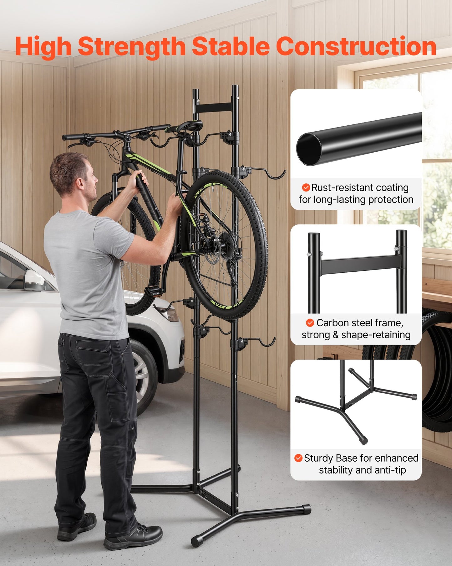 Bike Stand for 4 Bikes, Freestanding Vertical Bike Storage Rack, with Height-Adjustable Hooks, Heavy-Duty Carbon Steel Garage Bicycle Floor Stand, Ideal for Garage, Apartment, Home, Black