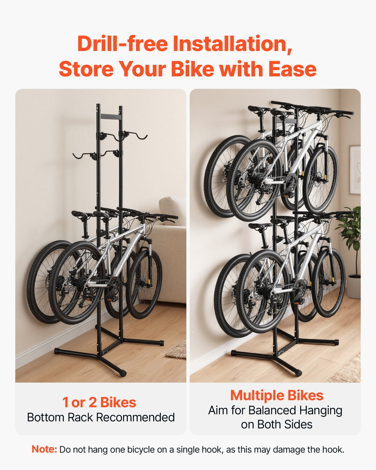 Bike Stand for 4 Bikes, Freestanding Vertical Bike Storage Rack, with Height-Adjustable Hooks, Heavy-Duty Carbon Steel Garage Bicycle Floor Stand, Ideal for Garage, Apartment, Home, Black