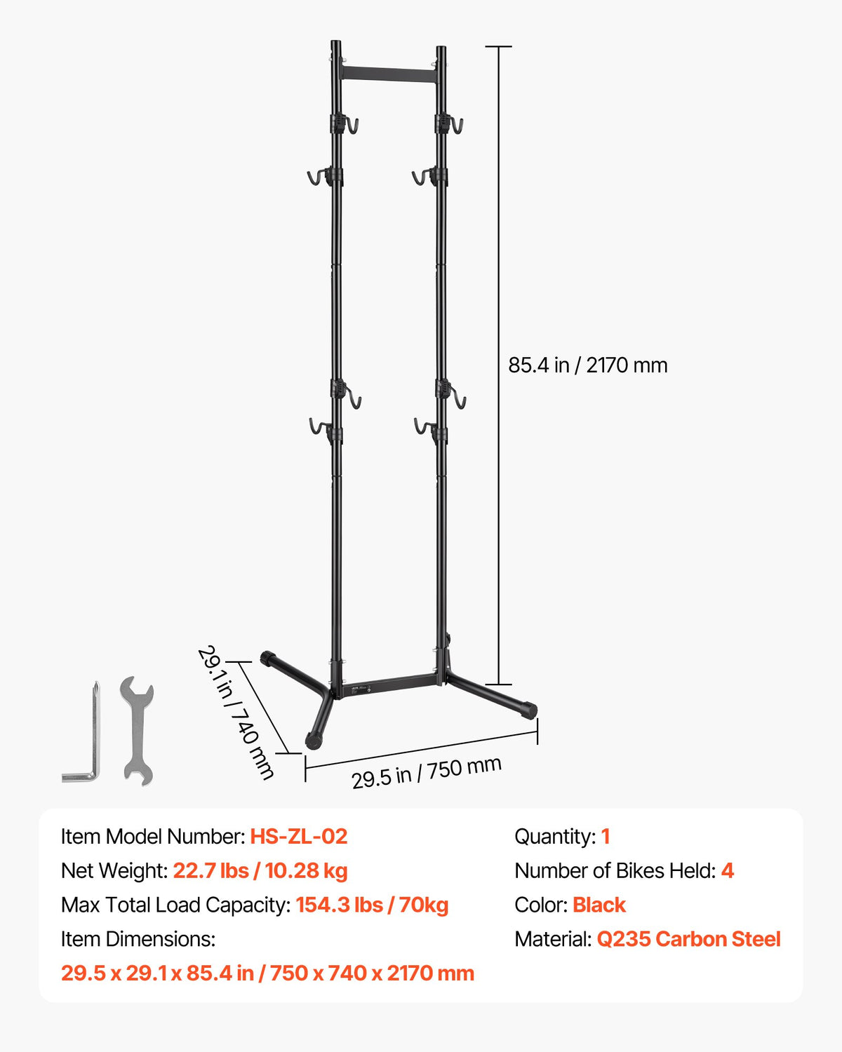 Bike Stand for 4 Bikes, Freestanding Vertical Bike Storage Rack, with Height-Adjustable Hooks, Heavy-Duty Carbon Steel Garage Bicycle Floor Stand, Ideal for Garage, Apartment, Home, Black