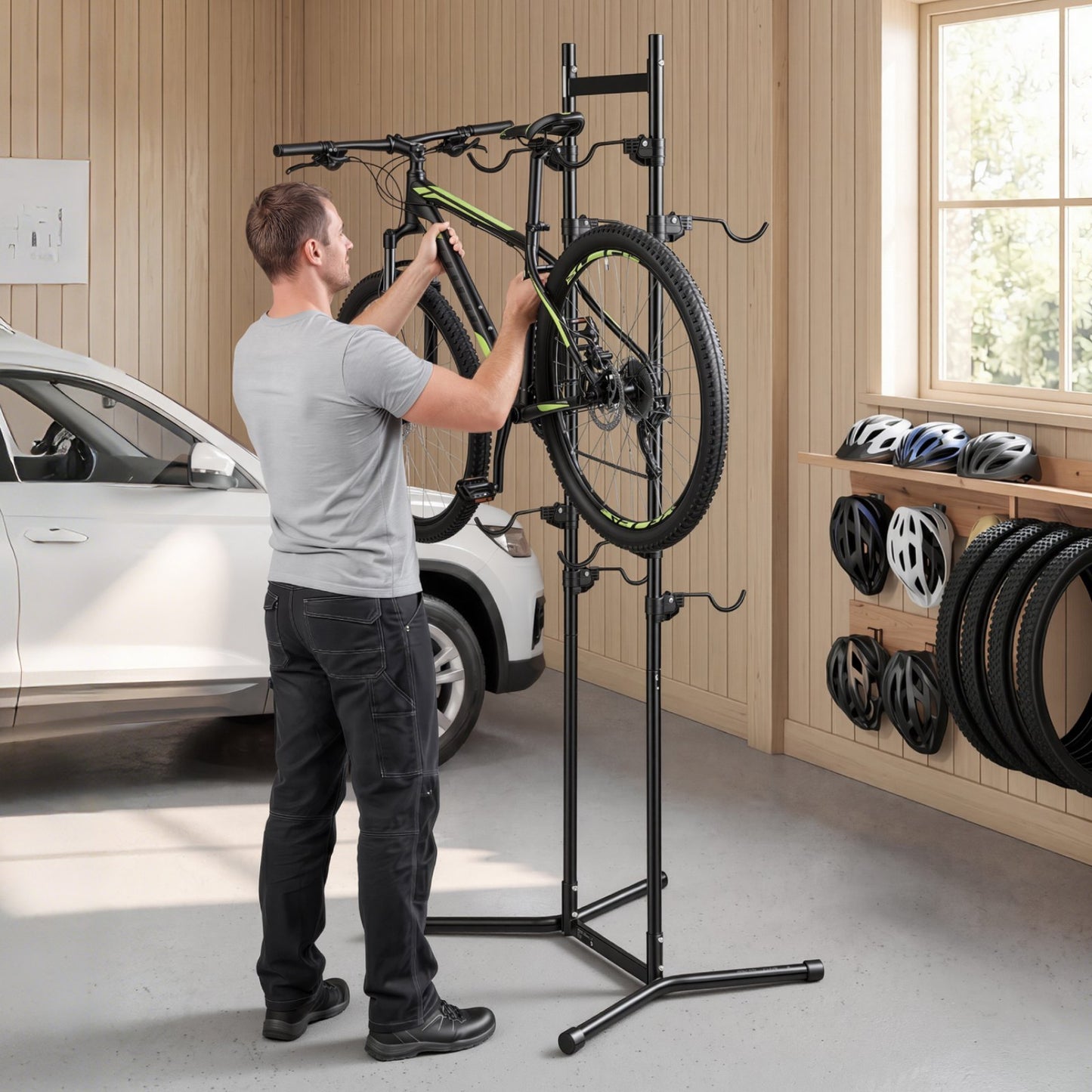 Bike Stand for 4 Bikes, Freestanding Vertical Bike Storage Rack, with Height-Adjustable Hooks, Heavy-Duty Carbon Steel Garage Bicycle Floor Stand, Ideal for Garage, Apartment, Home, Black
