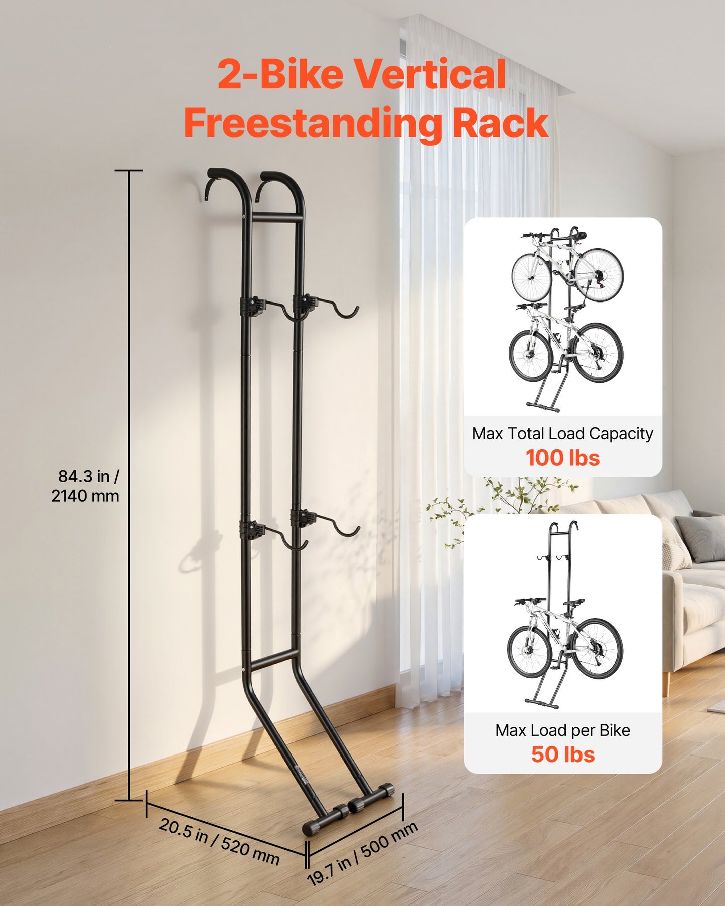 Bike Stand for 2 Bikes, Freestanding Vertical Bike Storage Rack, with Height-Adjustable Hooks, Heavy-Duty Carbon Steel Standing Bicycle Floor Stand, Ideal for Garage, Apartment, Home, Black
