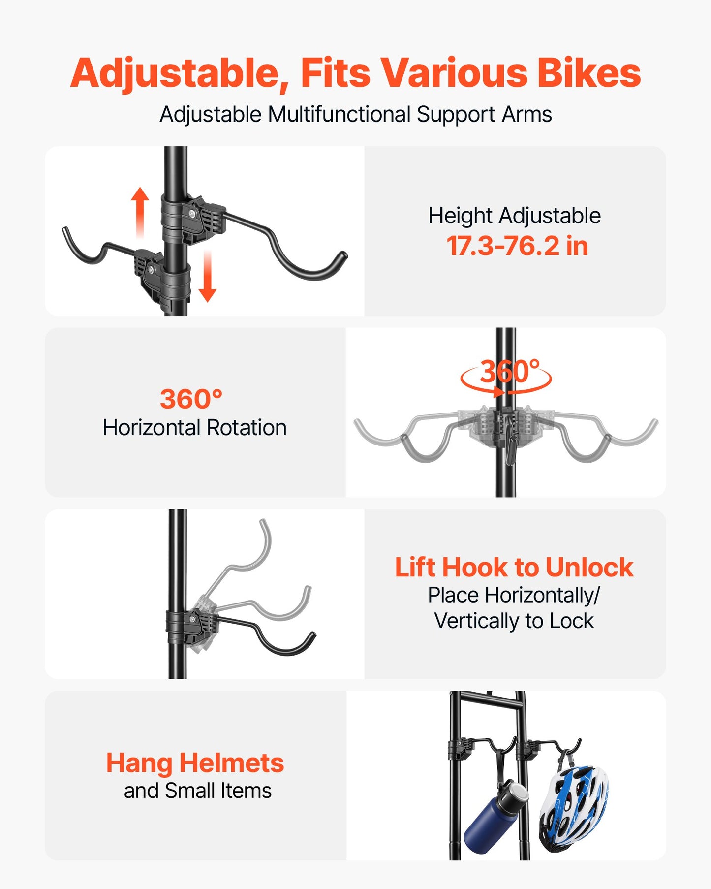 Bike Stand for 2 Bikes, Freestanding Vertical Bike Storage Rack, with Height-Adjustable Hooks, Heavy-Duty Carbon Steel Standing Bicycle Floor Stand, Ideal for Garage, Apartment, Home, Black