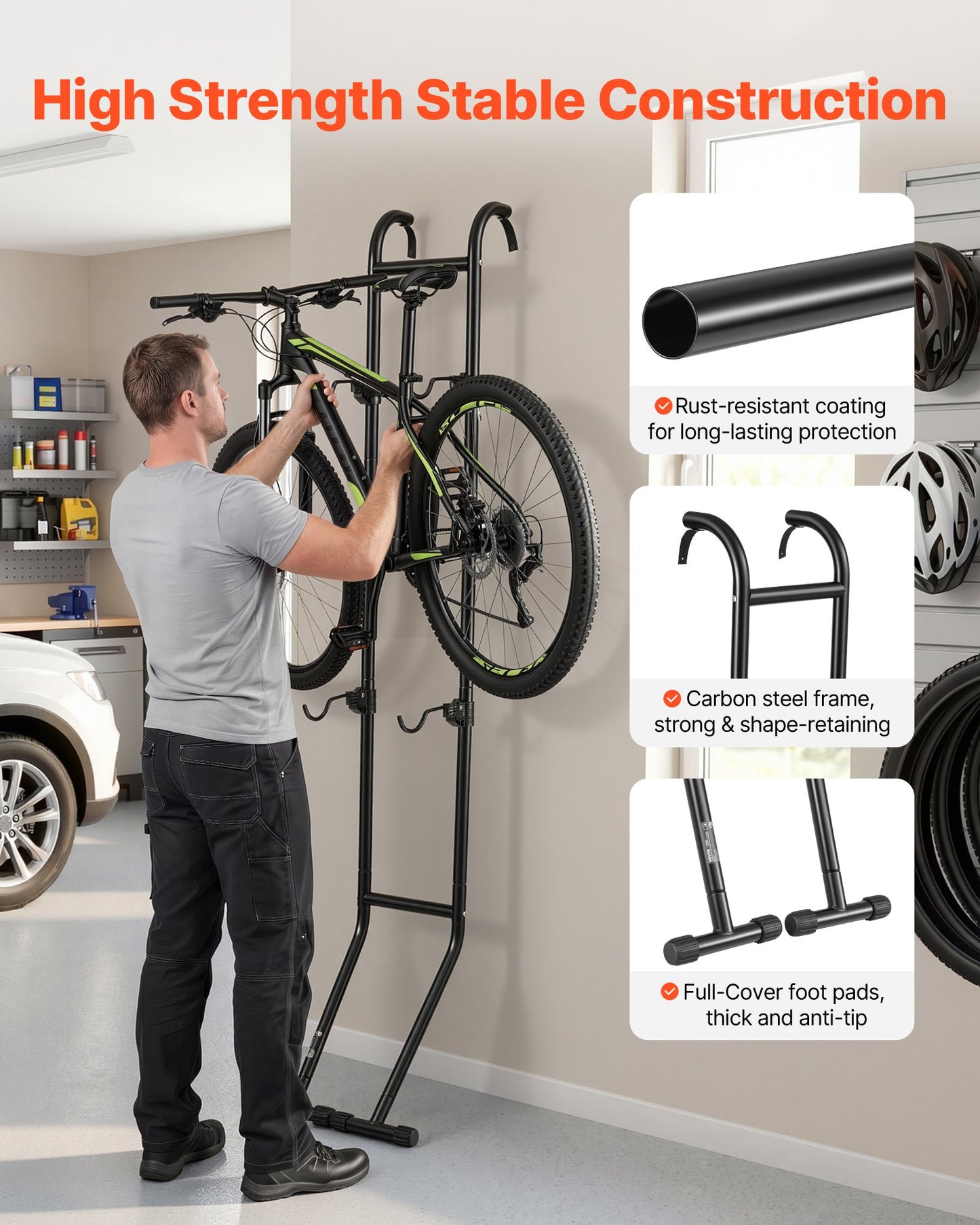 Bike Stand for 2 Bikes, Freestanding Vertical Bike Storage Rack, with Height-Adjustable Hooks, Heavy-Duty Carbon Steel Standing Bicycle Floor Stand, Ideal for Garage, Apartment, Home, Black