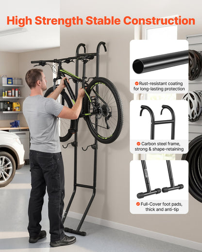 Bike Stand for 2 Bikes, Freestanding Vertical Bike Storage Rack, with Height-Adjustable Hooks, Heavy-Duty Carbon Steel Standing Bicycle Floor Stand, Ideal for Garage, Apartment, Home, Black